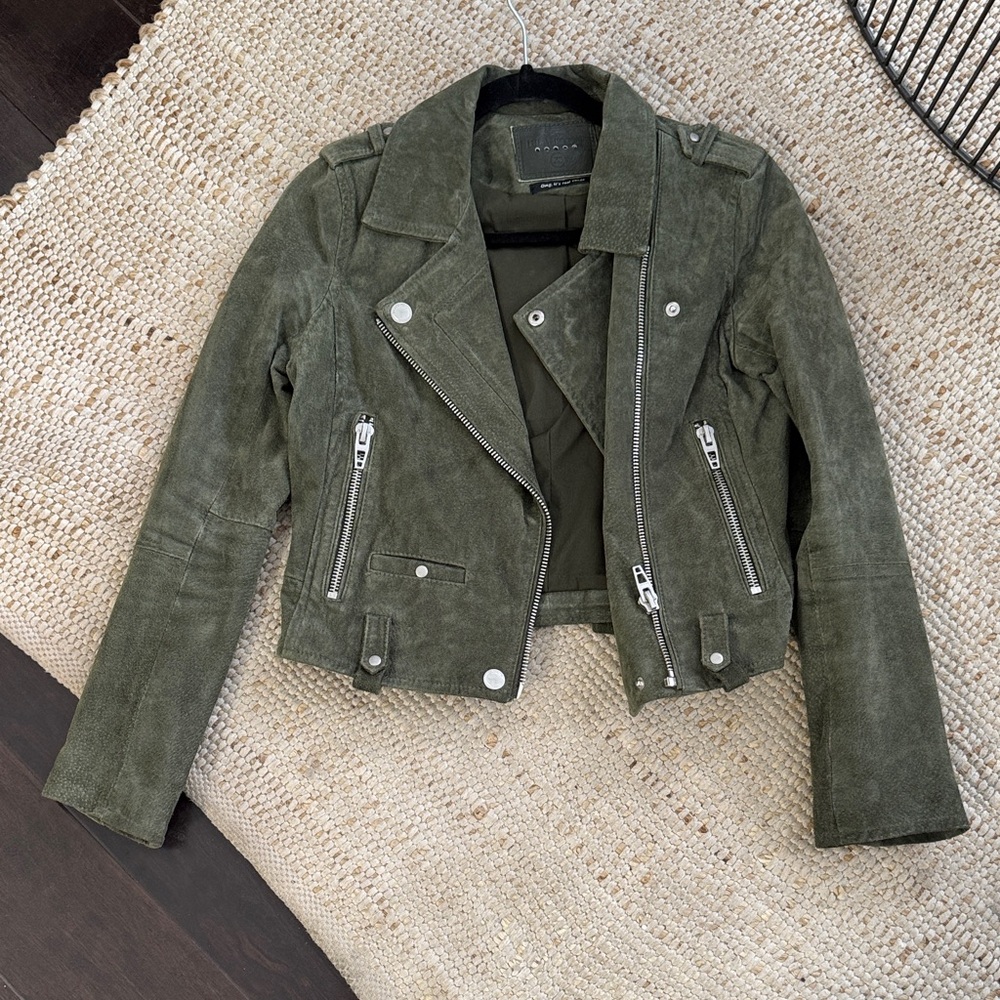 Blank NYC Olive Suede Moto Jacket with Silver Hardware